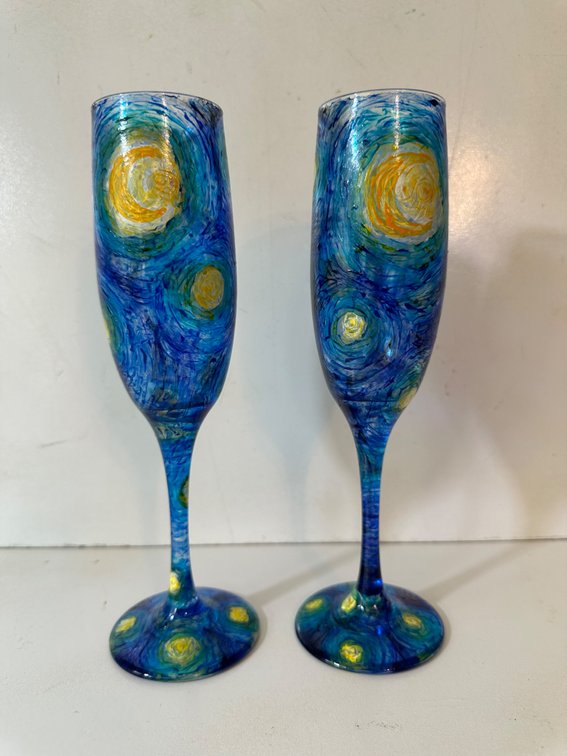 Hand Painted Van Gogh "Starry Night" Inspired Stemmed Glassware 