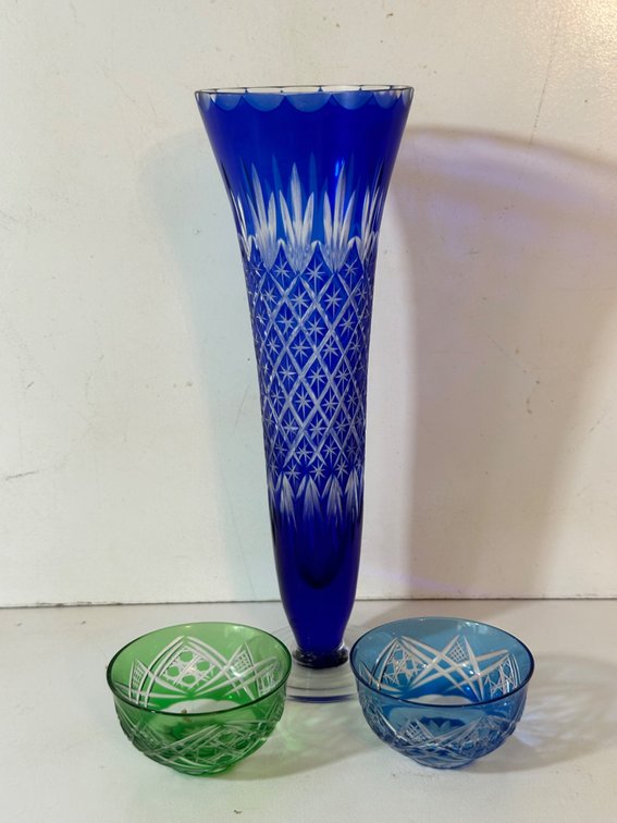 Colored Cut Glass Vase and Bowls 