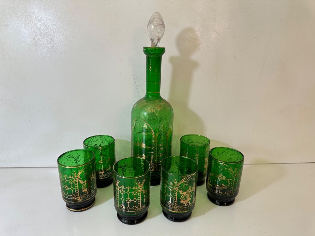 Vintage Green Glass and Gold Tone Etched Bottle Decanter and Glasses