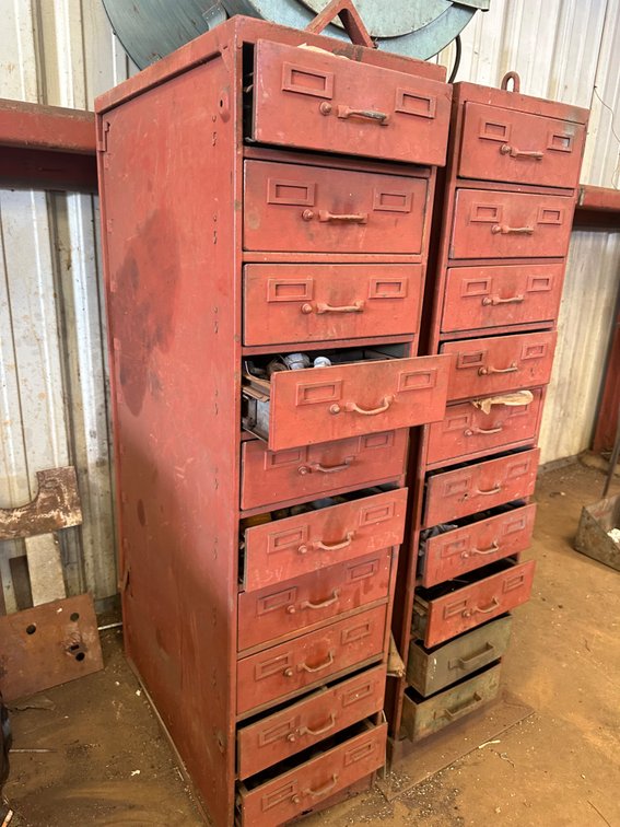 52 1/2" Tall Red Metal Ten Drawer Storage with Contents (Left Side)
