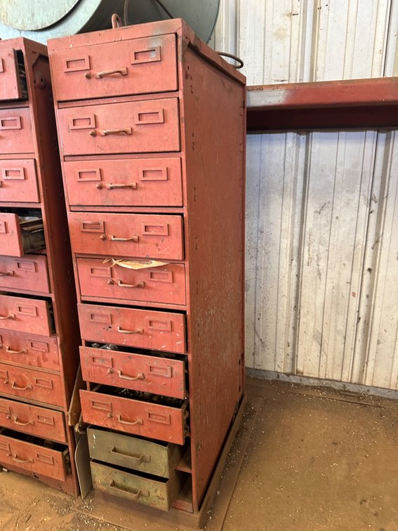 52 1/2" Tall Red Metal Ten Drawer Storage with Contents (Right Side)