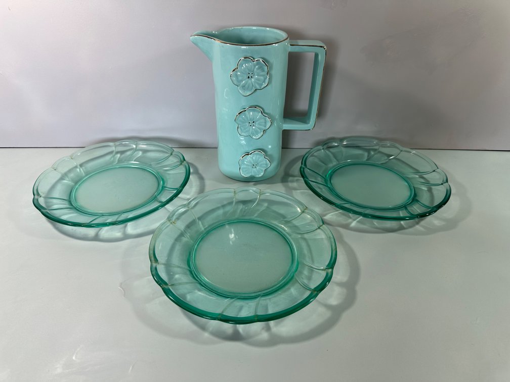Turquoise "Sweet Swirl" Japanese Plates and Pitcher 