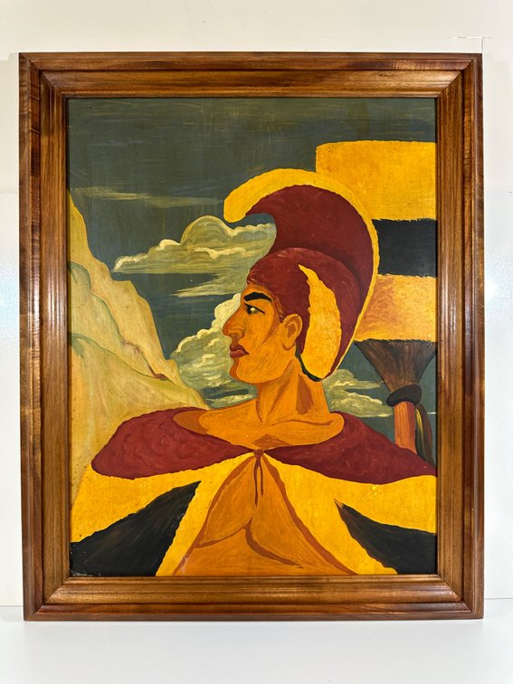 Acrylic Painting of Hawaiian Chief in Feather Cloak and Helmet from Guslander Estate