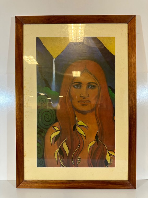 Framed Reproduction Poster of Woman with Maile Lei and Mountains from Guslander Estate