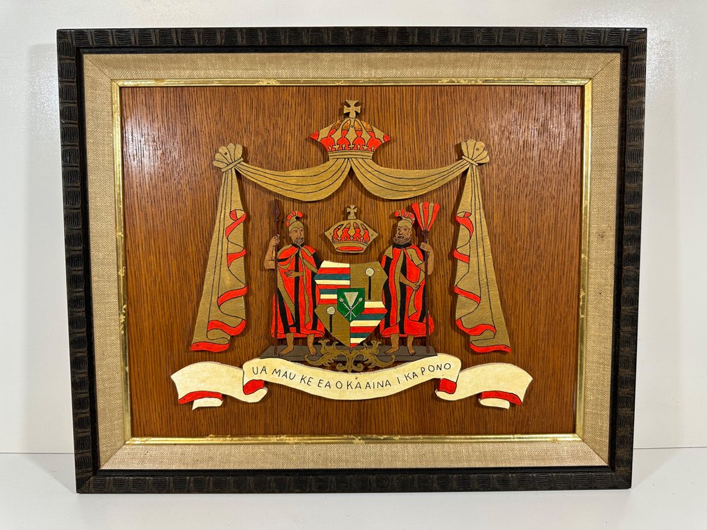 Framed Wood Cut-Out Coat of Arms with Hawaiian Motto from Guslander Estate