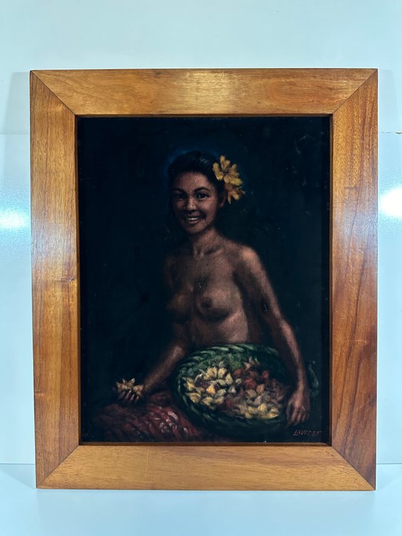 Framed Artwork of Hawaiian Woman with Flowers by Lavisse - Guslander Estate