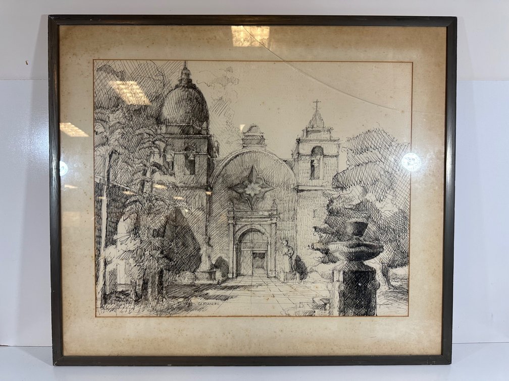 Signed Architectural Sketch - Approx. 34" x 29" - Framed Artwork from Guslander Estate