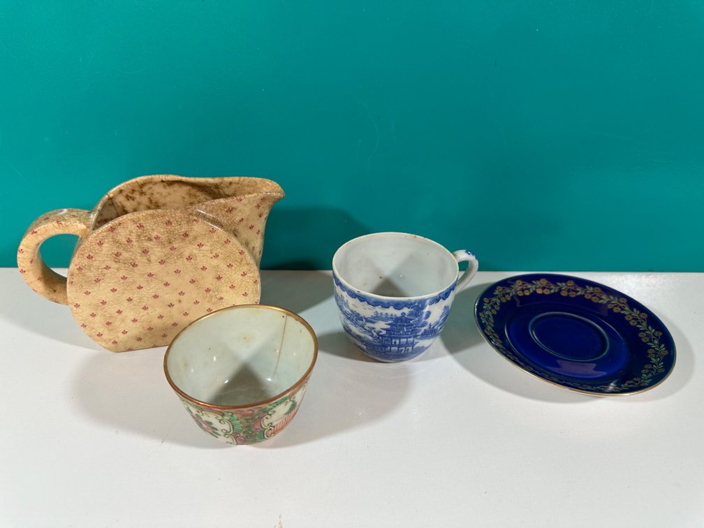 Unique Set of Vintage Tea Cups, Saucer, and Creamer from The Guslander Estate