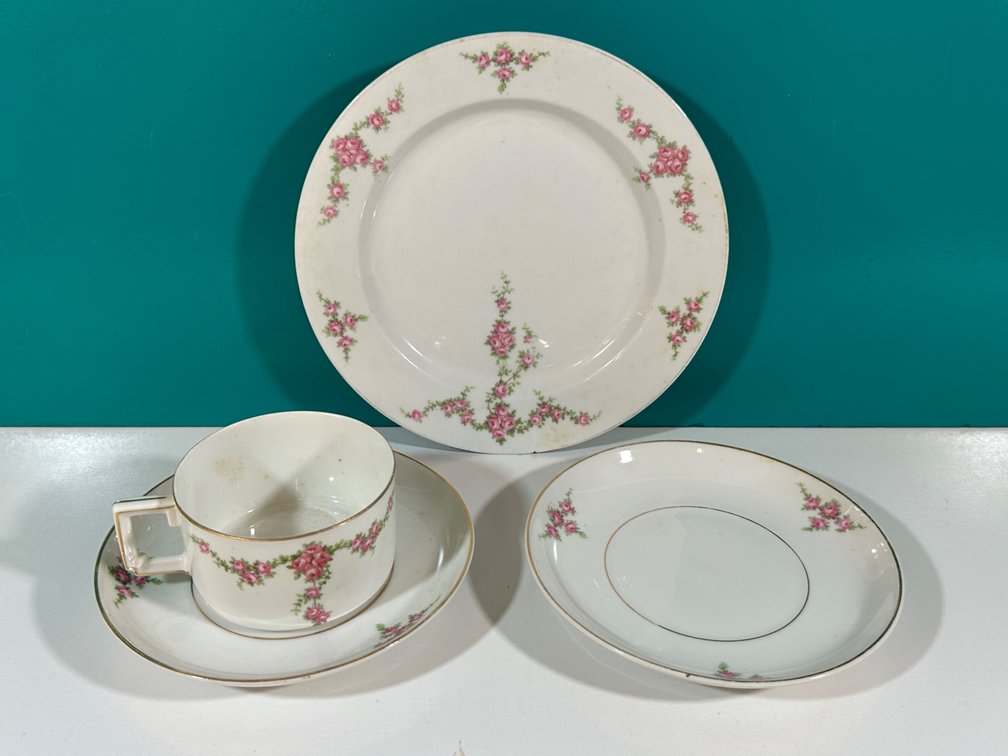 Vintage H&C Selb Bavaria Heinrich & Co. Dessert Plate, Saucers, and Cup from The Guslander Estate