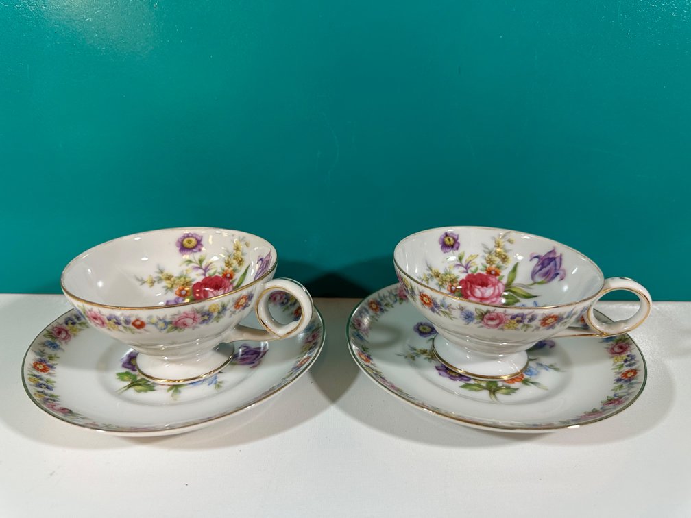(X's 2) Pair of Cherry China Teacups and Saucers - Made in Japan - Floral Pattern