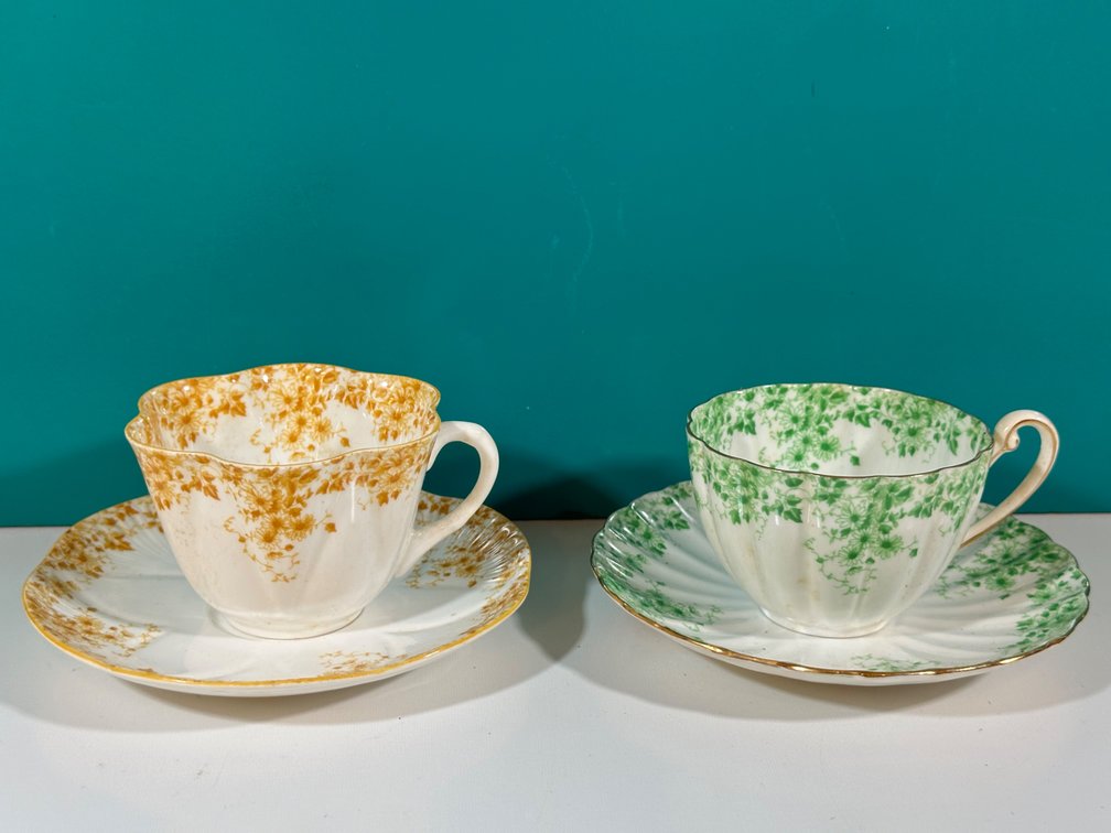 (X's 2) Set of Two Shelley Bone China Tea Cups with Saucers - Ludlow Green & Dainty Yellow - From The Guslander Estate