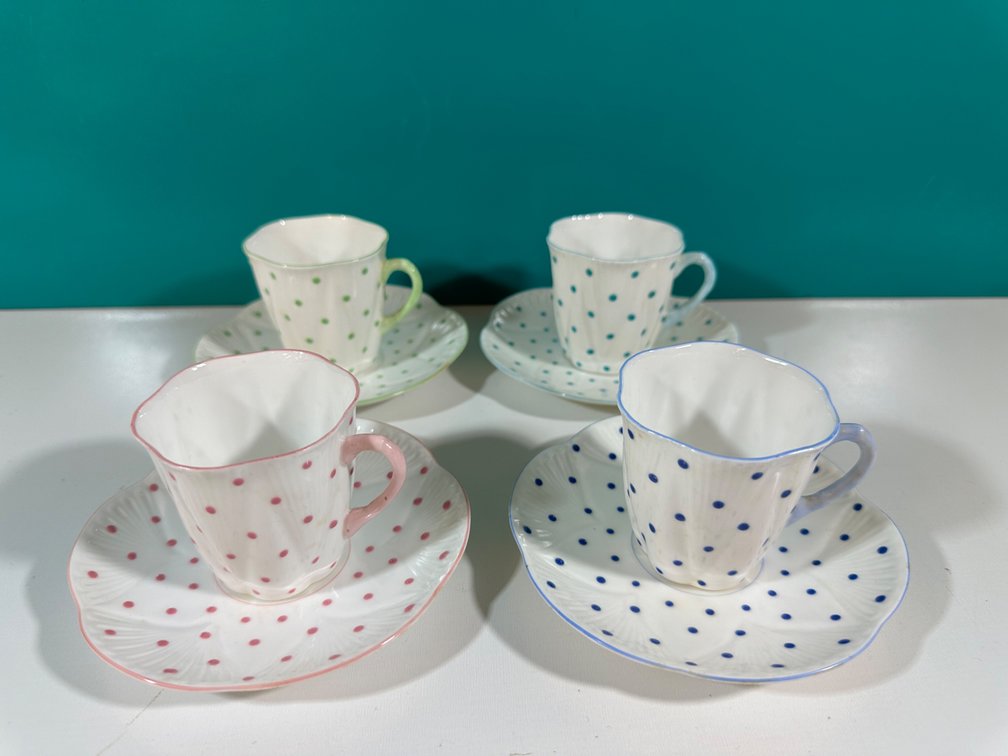 (X's 4) Elegant Set of Four Demitasse Cups and Saucers with Polka Dot Designs from The Guslander Estate