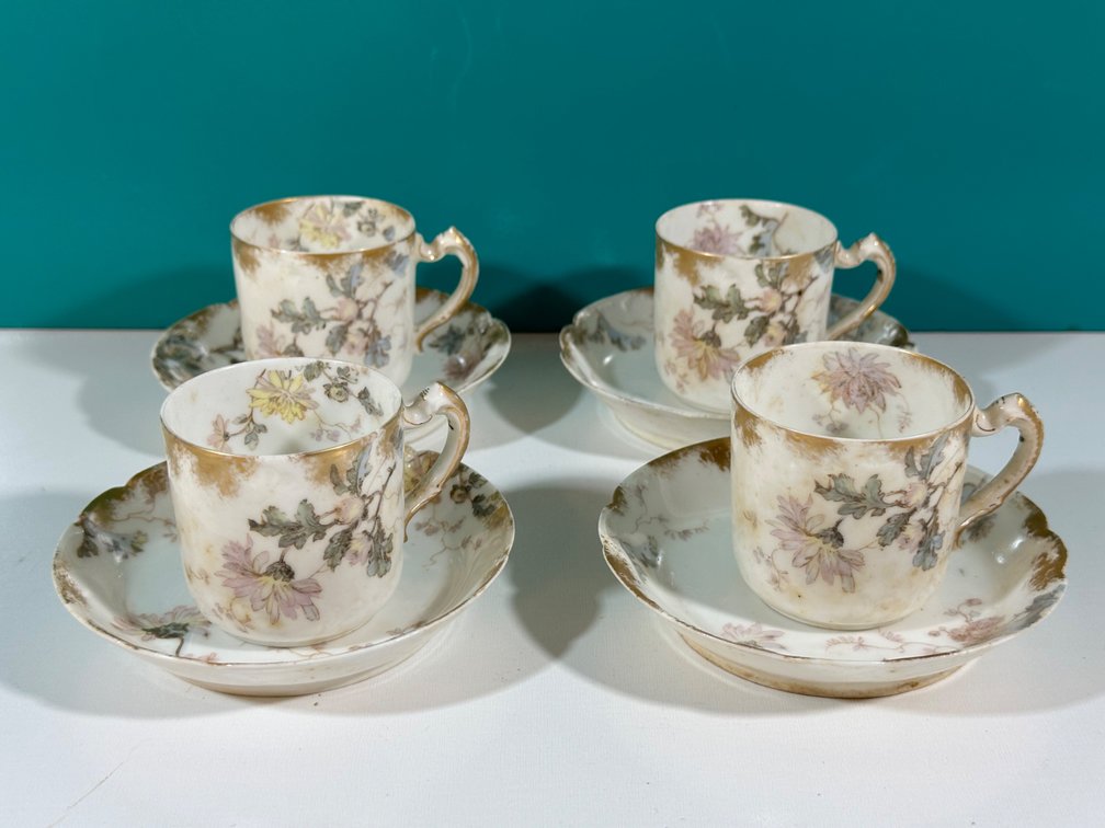 (X's 4)  Set of Four Vintage Demitasse Cups and Saucers with Floral Pattern from The Guslander Estate