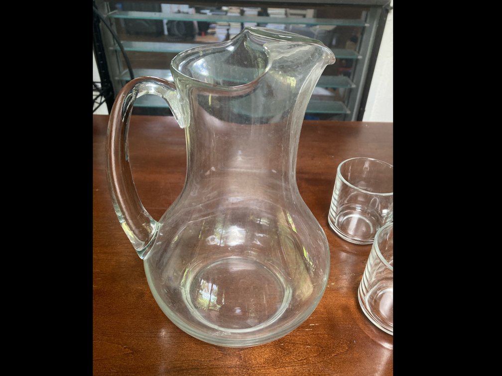 Glass Pitcher and Six Glasses with Handles