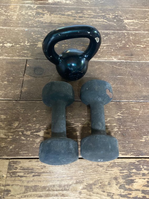 (X's3) 2- 12 lb. Hand-weights + 15lb Kettlebell