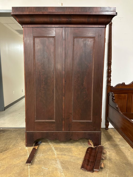 Antique Mahogany Veneer Armoire with Carved Trim - Liverpool, England - Guslander Estate