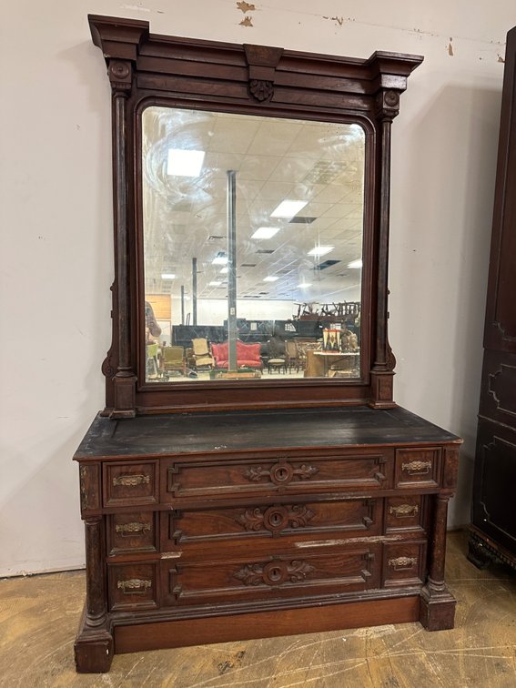 Antique Cherry Wood Dresser with Fixed Mirror - Hand-Carved Details, Great Restoration Project - Guslander Estate