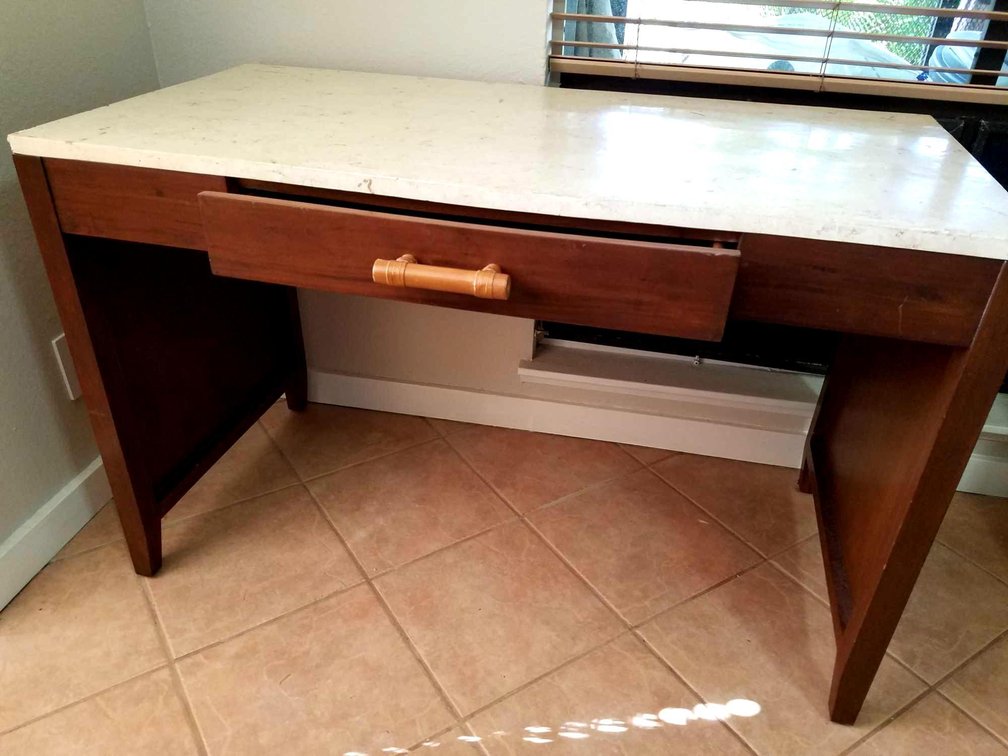 DESK:  Wood desk with woven design on end side/sny Marble top  30" x 23" x 48"