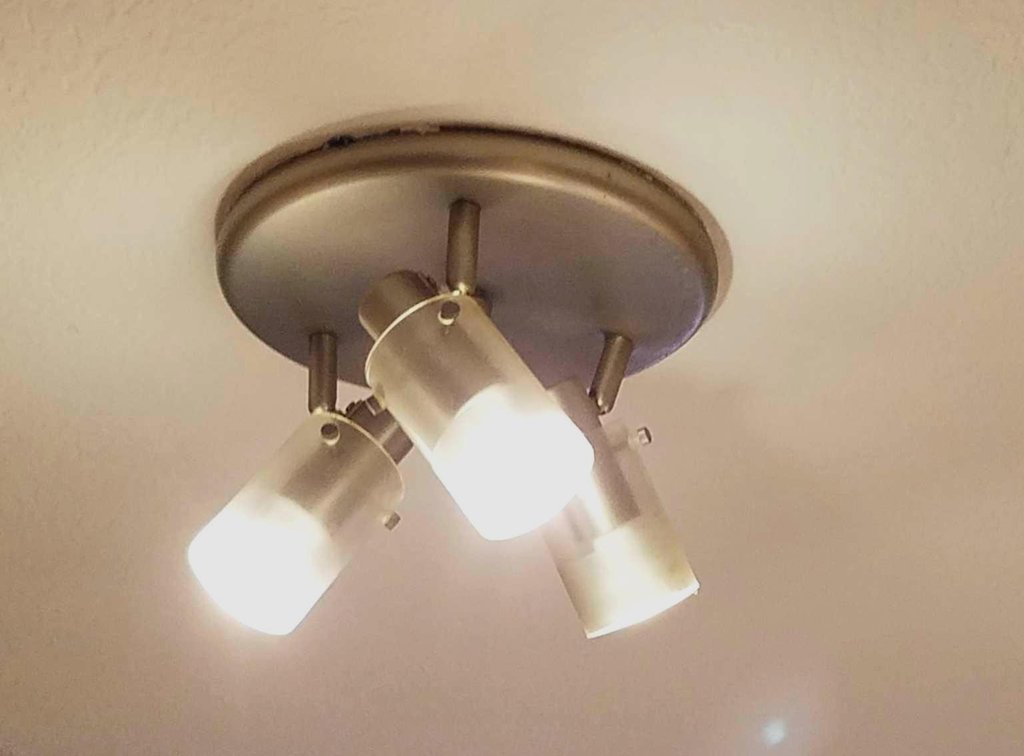 Two ceiling mount light fixtures, one 3 light and one 1 light--Both moveable for directing light