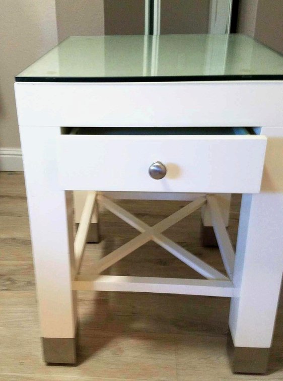 Night Stand or side table  26 1/2" high, 20" wide and 24"deep.  Off white with glass top. 