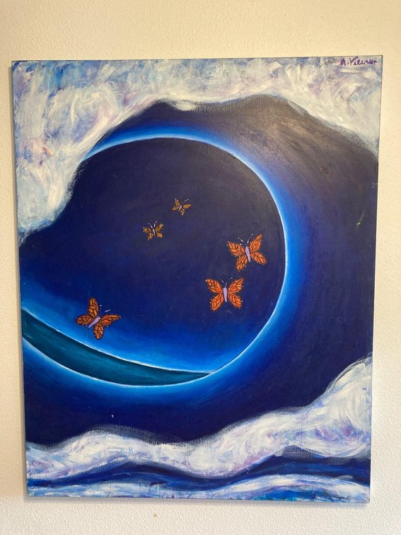 Acrylic Painting on Canvas of Wave and Butterflies