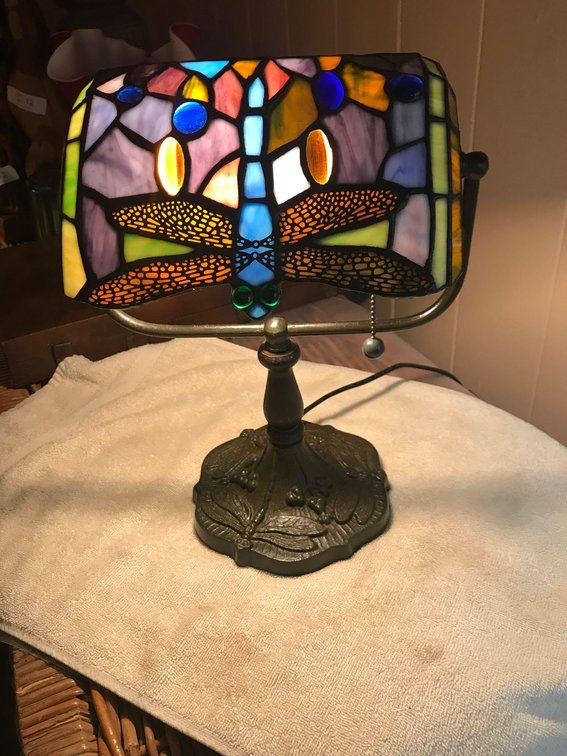 Stained Glass Dragonfly Design Bankers Desk Lamp 