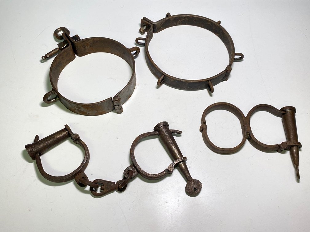 Antique Plantation Cuffs, Shackles with Two Different Neck Collars 