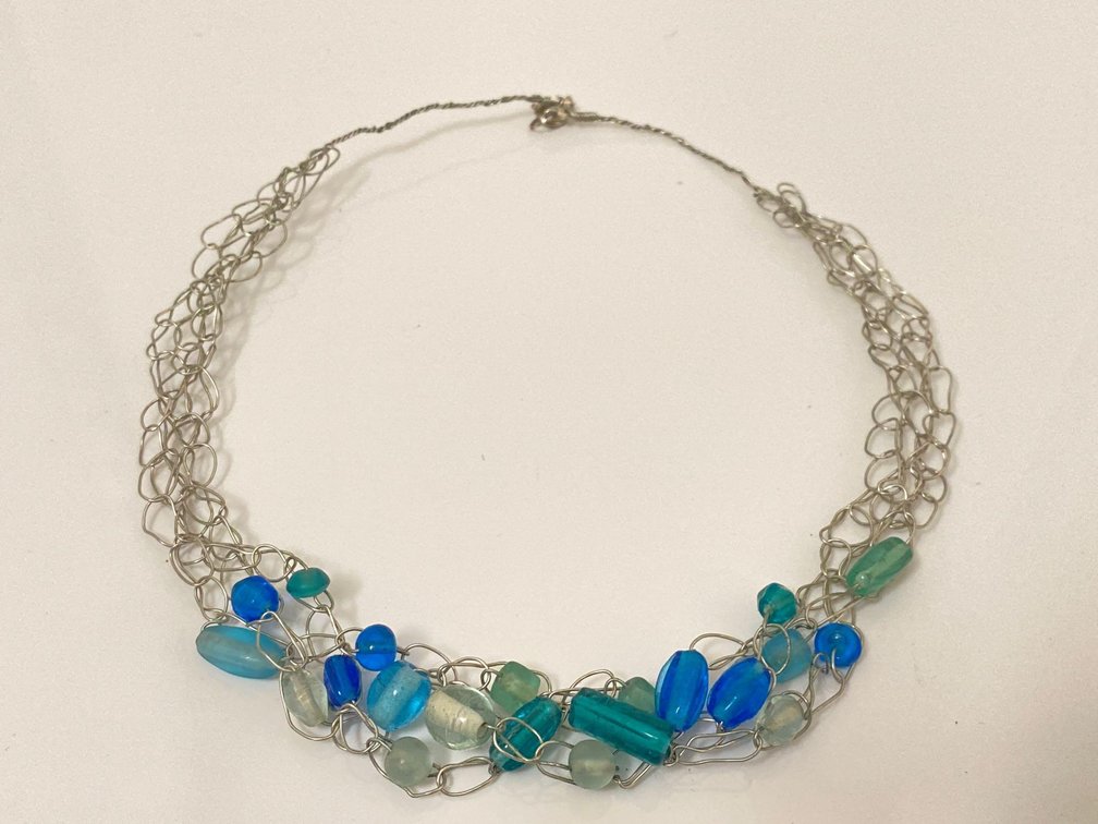 Blue and Green Beaded Netting Choker/Collar Necklace 