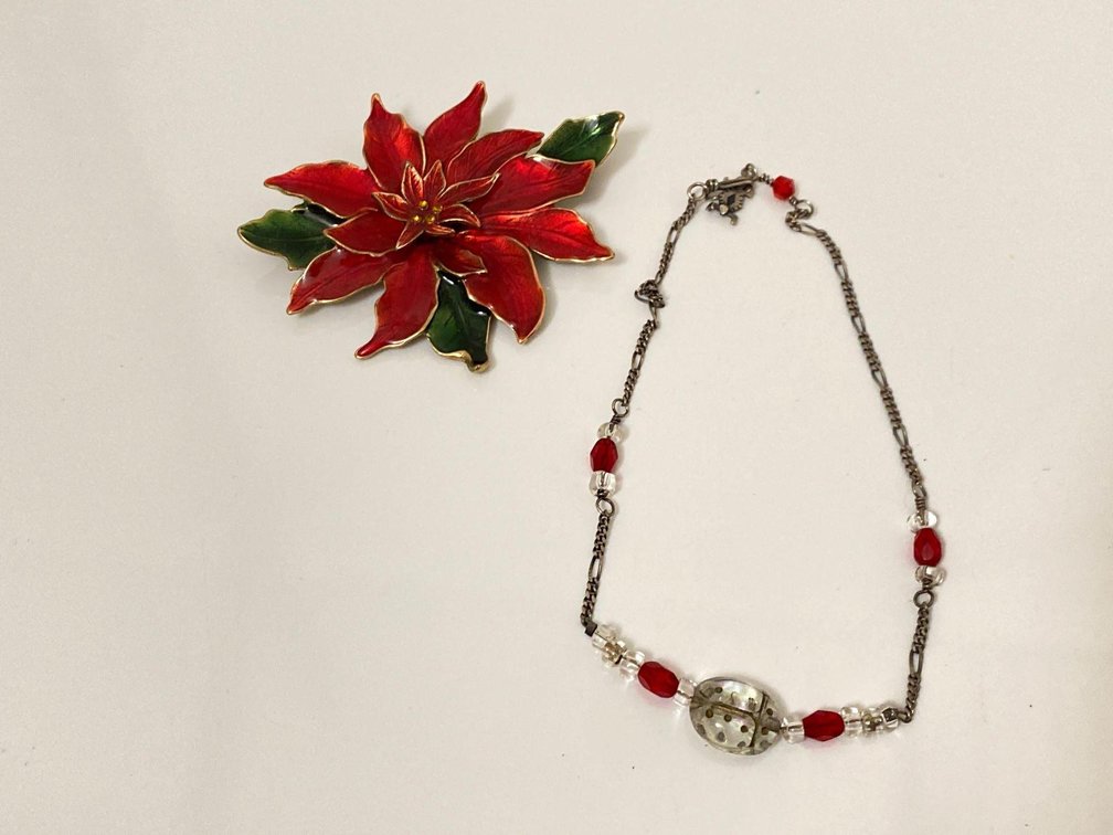 Poinsettia Pin and Red Accent Bracelet