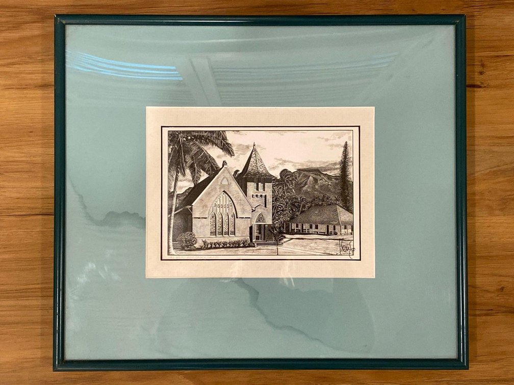 14" X 12" Framed Island Plantation/Church Scene