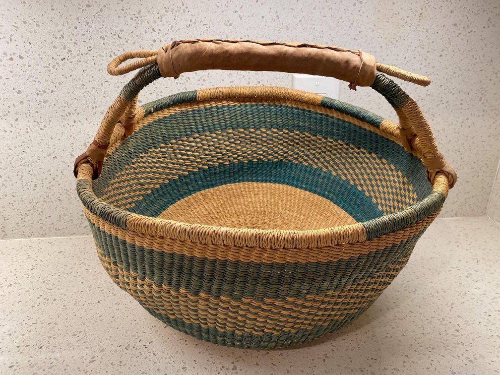 13 1/2" Round Woven Basket with Green Accent Color 