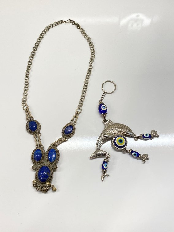 Silver Colored Blue Stone Necklace and Dolphin Keychain 