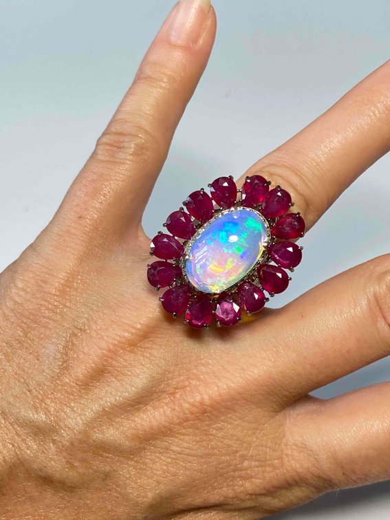 Sterling Silver 925 Natural Opal, Ruby and Diamond Ring Size 7