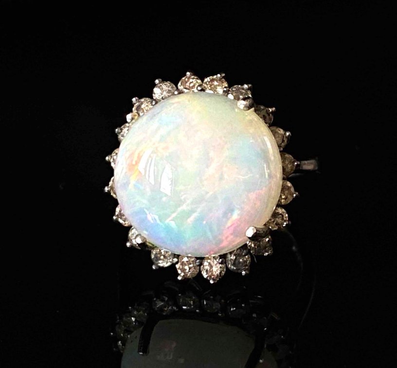 Sterling Silver 925 Natural Opal and Diamond Ring Size 8 