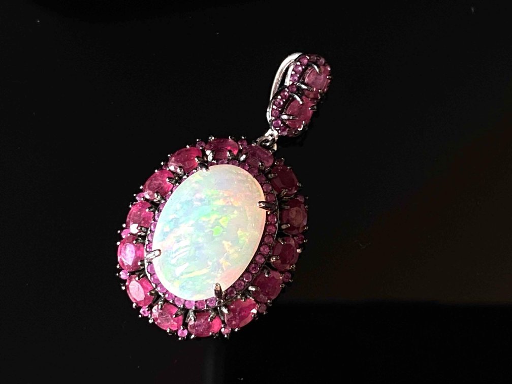 Sterling Silver 925 Natural Opal and Ruby Pendant 