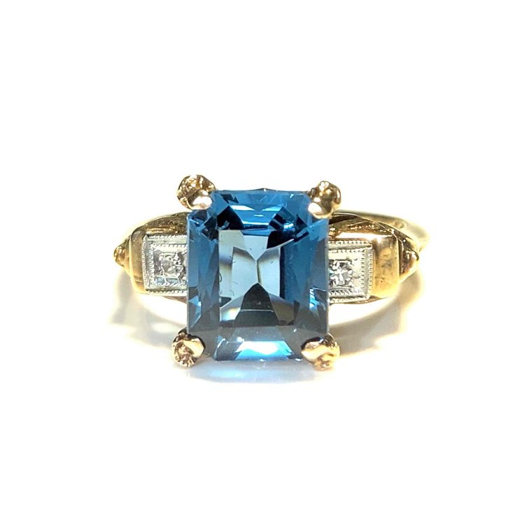 10K Gold Blue Topaz and Diamond Stone Estate Ring Size 6