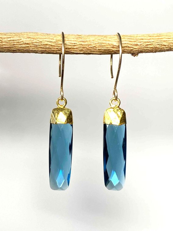 14K Gold Dangle Blue Lolite Stone Earrings 