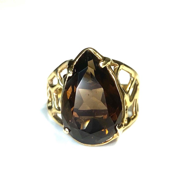 18K Gold Estate Smoky Quartz Tear Drop Shape Ring Size 7