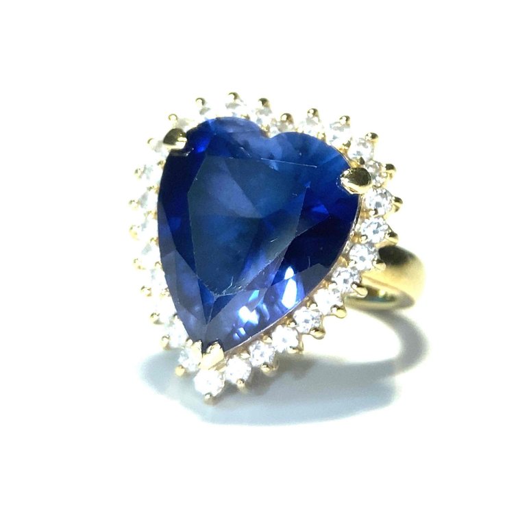 14K Gold Large Sapphire Heart Estate Ring with Quartz Accent Size 4.5