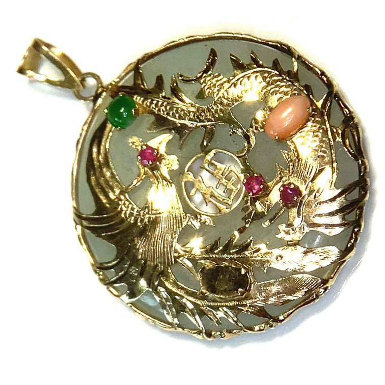 14K Gold Jade and Multi Gemstone Asian Estate Pendant 