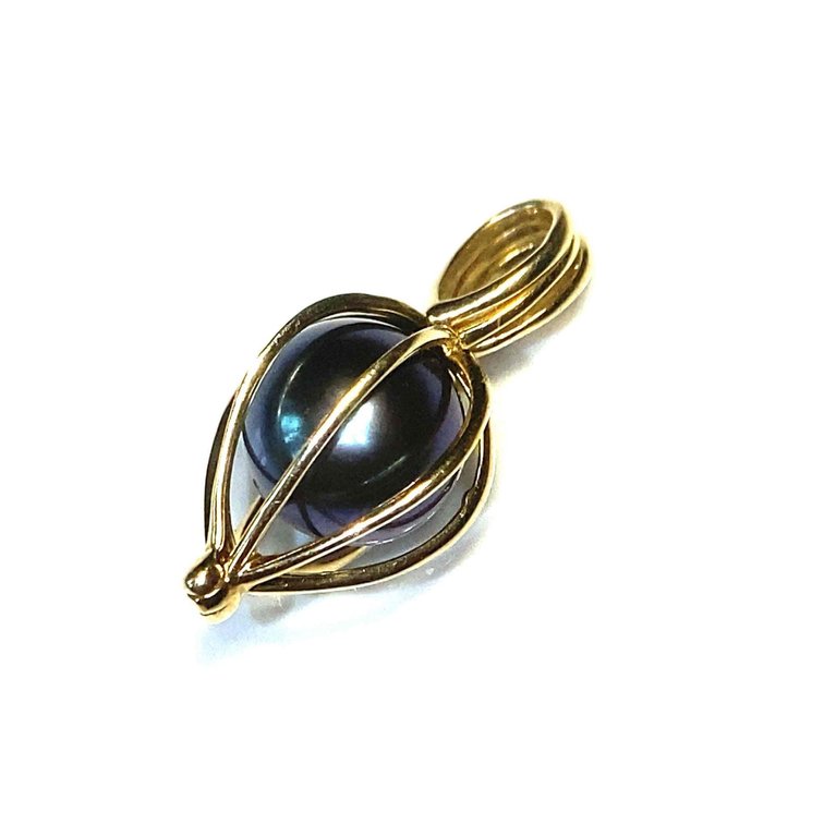 14K Gold Caged Black Pearl Estate Pendant 