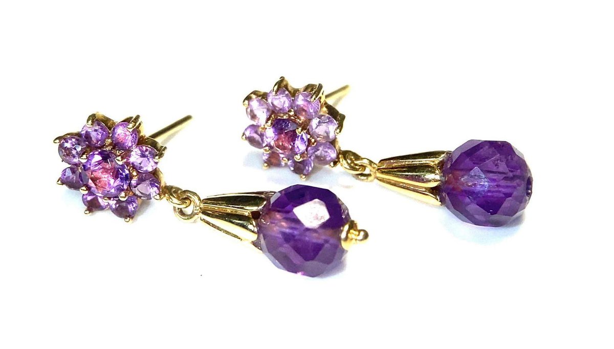 14K Gold Cascading Amethyst Dangle Estate Earrings 