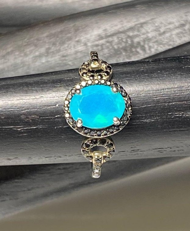 Sterling Silver 925 Marico Blue Ethiopian Opal .95ct with Black Spinel .30ctw Ring Size 9