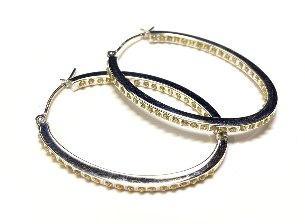 10K White Gold Clear Stone Elongated Hoop Earrings 