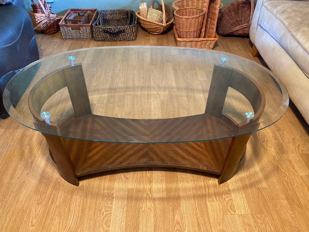 47" Long Oval Glass Coffee Table with Wood Undershelf 