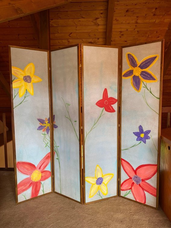 65" Tall Hand Painted Floral Four Panel Room Divider 