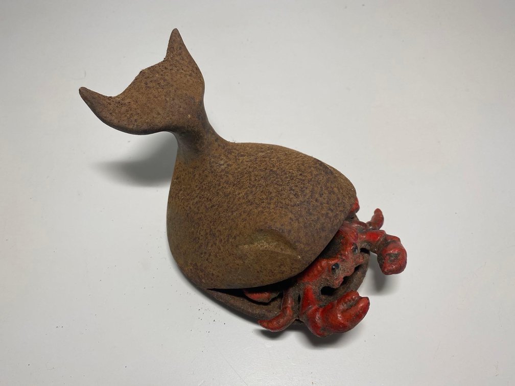 7" Cast Iron Metal Whale with Crab Decor Piece