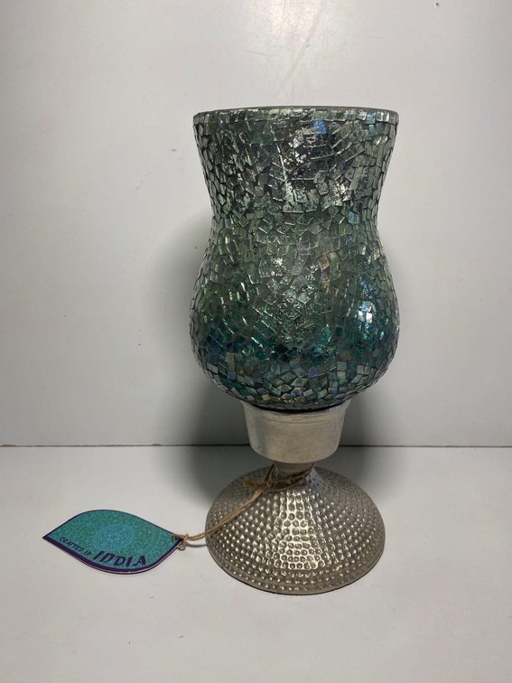 Mosaic Glass Pedestal Candle Holder Crafted in India 