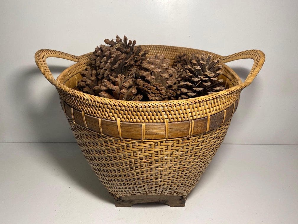 19" Round Woven Style Handled Basket with Pine Cones 