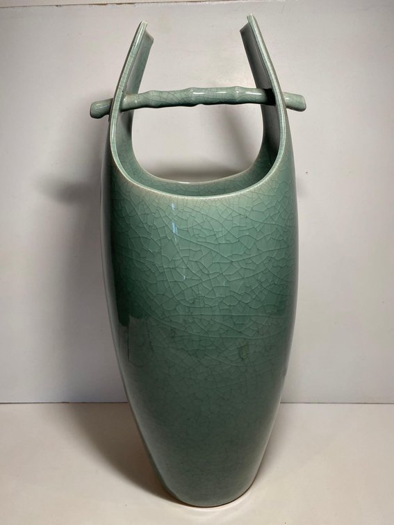 21" Tall Green Crackle Style Ceramic Bucket Vase 
